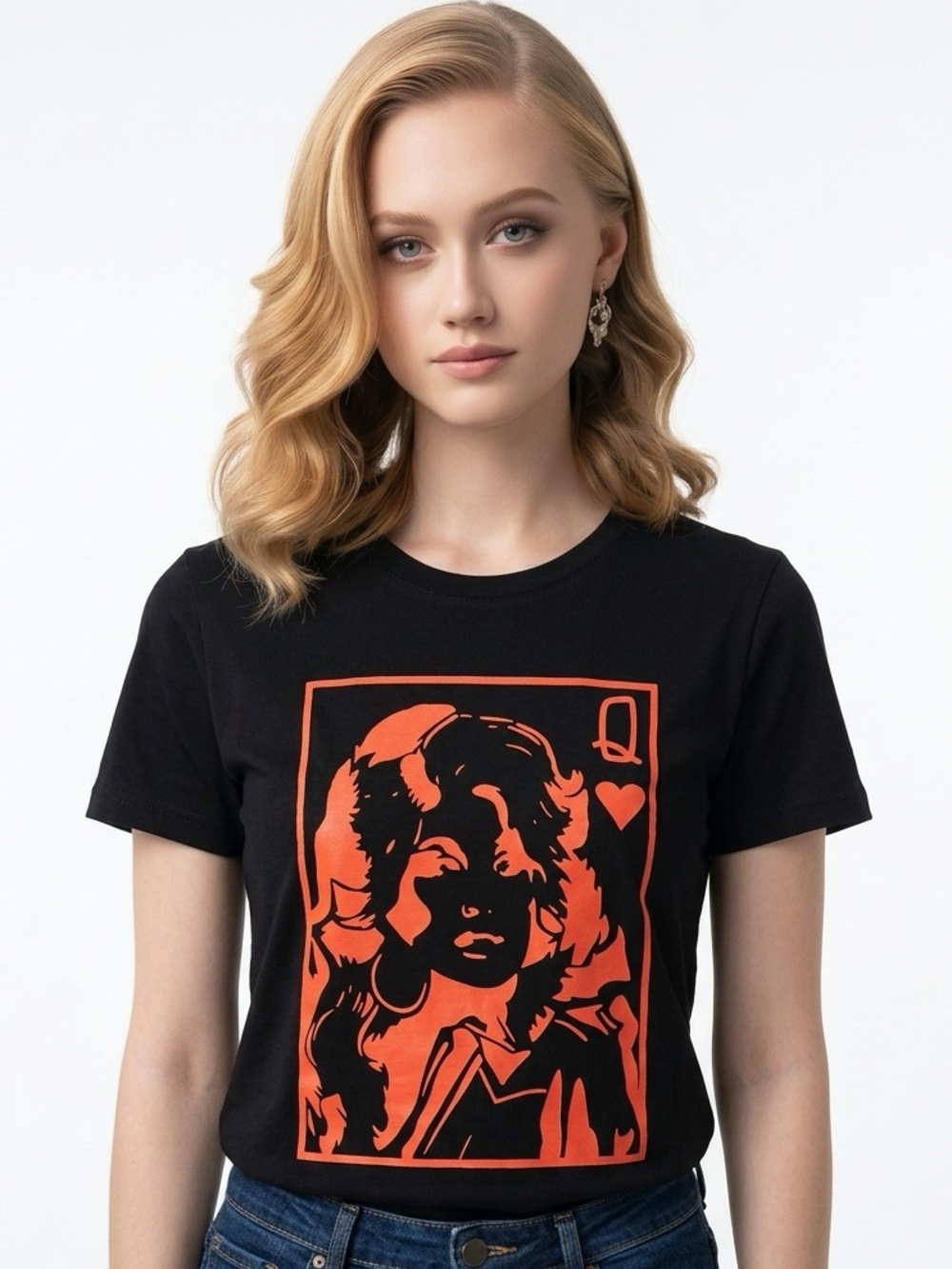 Black Graphic Women’s T‑Shirt with Dolly Parton Outline- Queen Motif